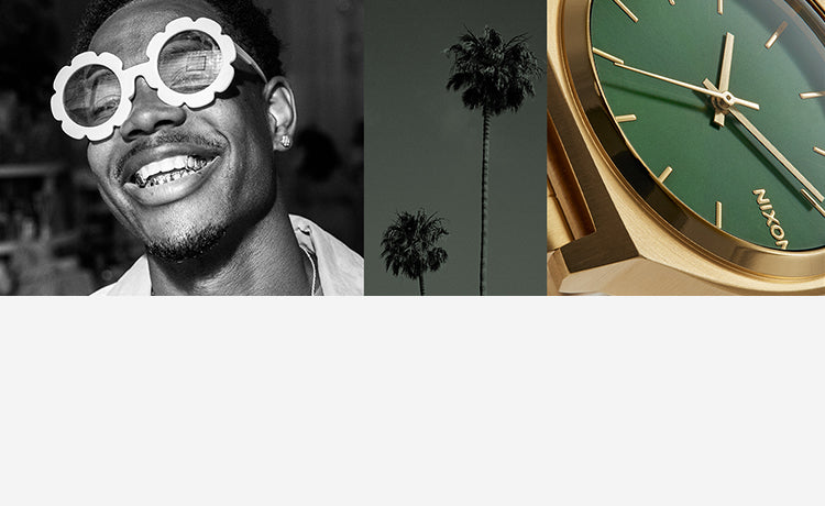A triptych image features a smiling person in flower sunglasses and grills, two palm trees, and a gold Nixon watch with a green face.