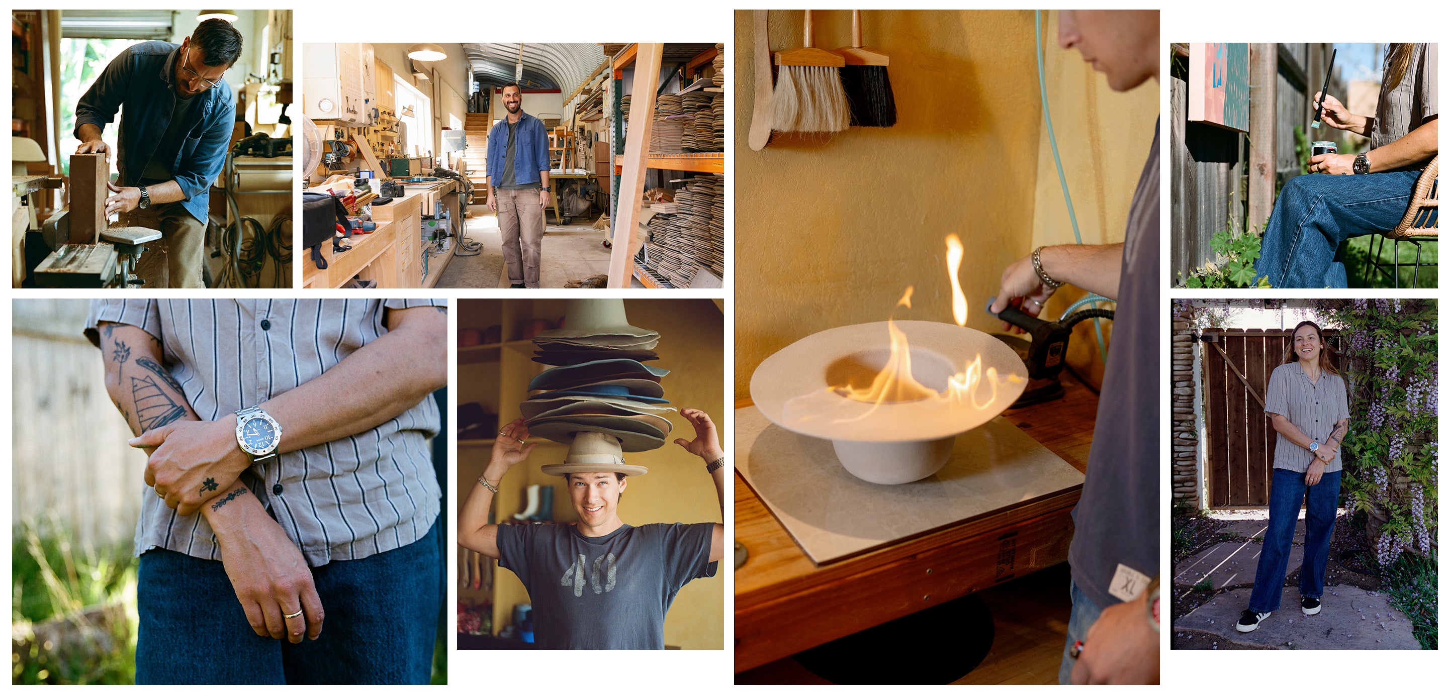 A collage of images showing a craftsman working with wood, a person balancing hats, a fire pit being lit, and lifestyle shots outdoors.