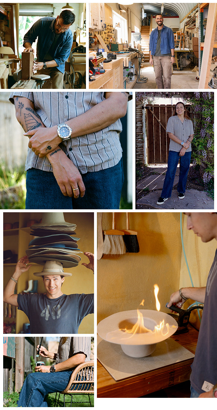A collage of seven images showing people engaged in various activities, including woodworking, hat making, and a person with a watch and tattoos.