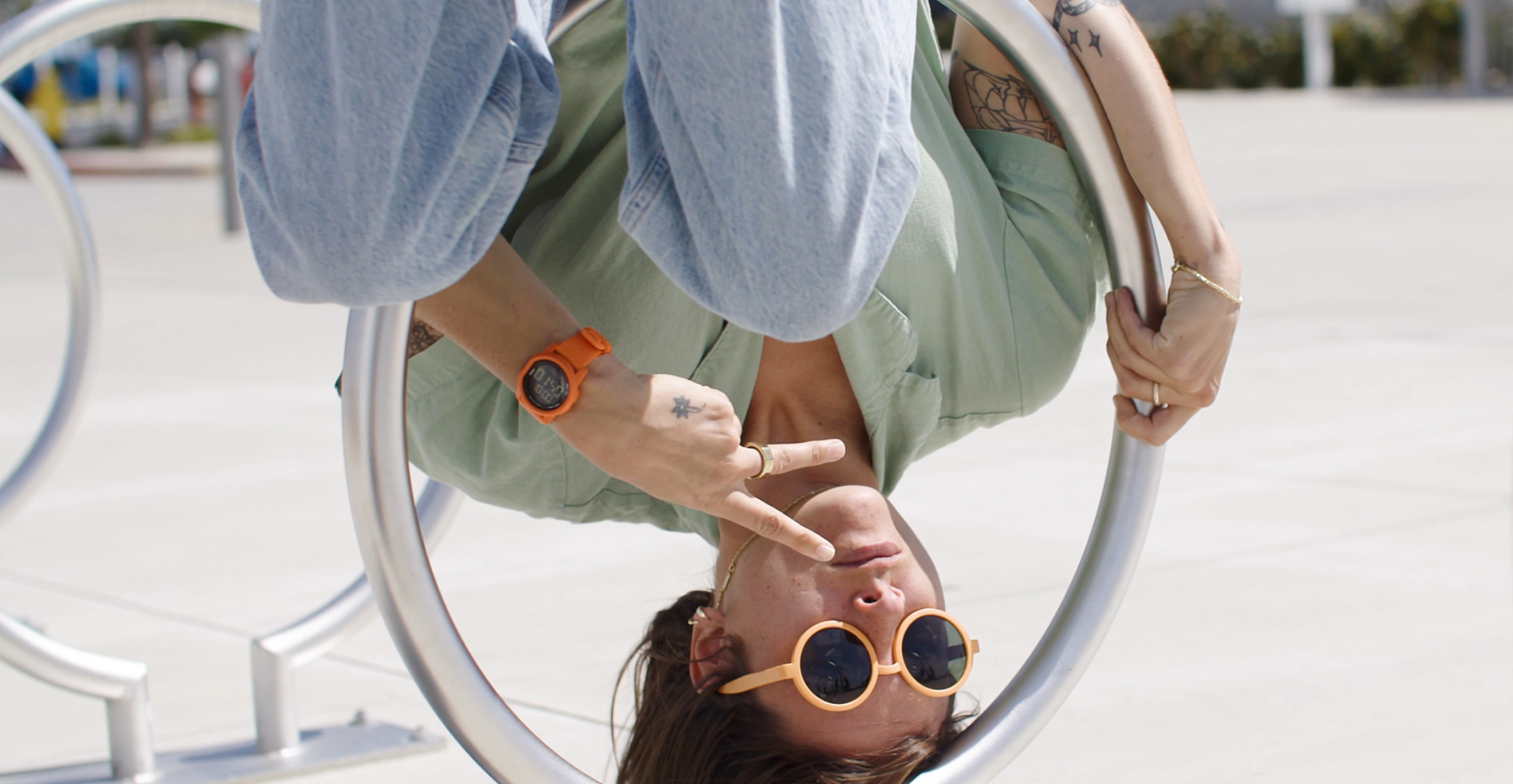 Nora Vasconcellos wearing the new digital watch from Nixon, the Disk