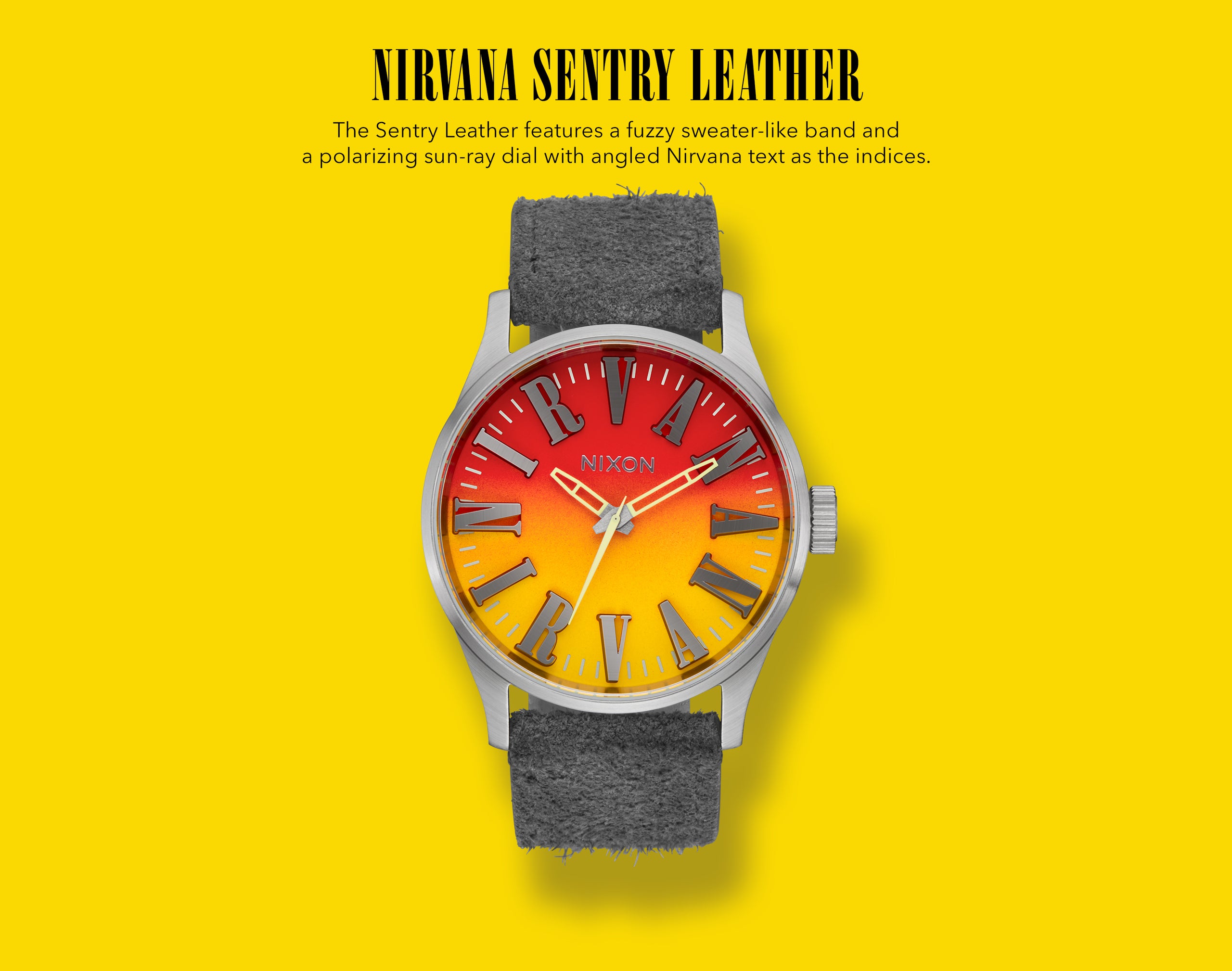 Nirvana Sentry Leather watch with red and yellow sun-ray dial, grey fuzzy strap, and angled Nirvana text indices.