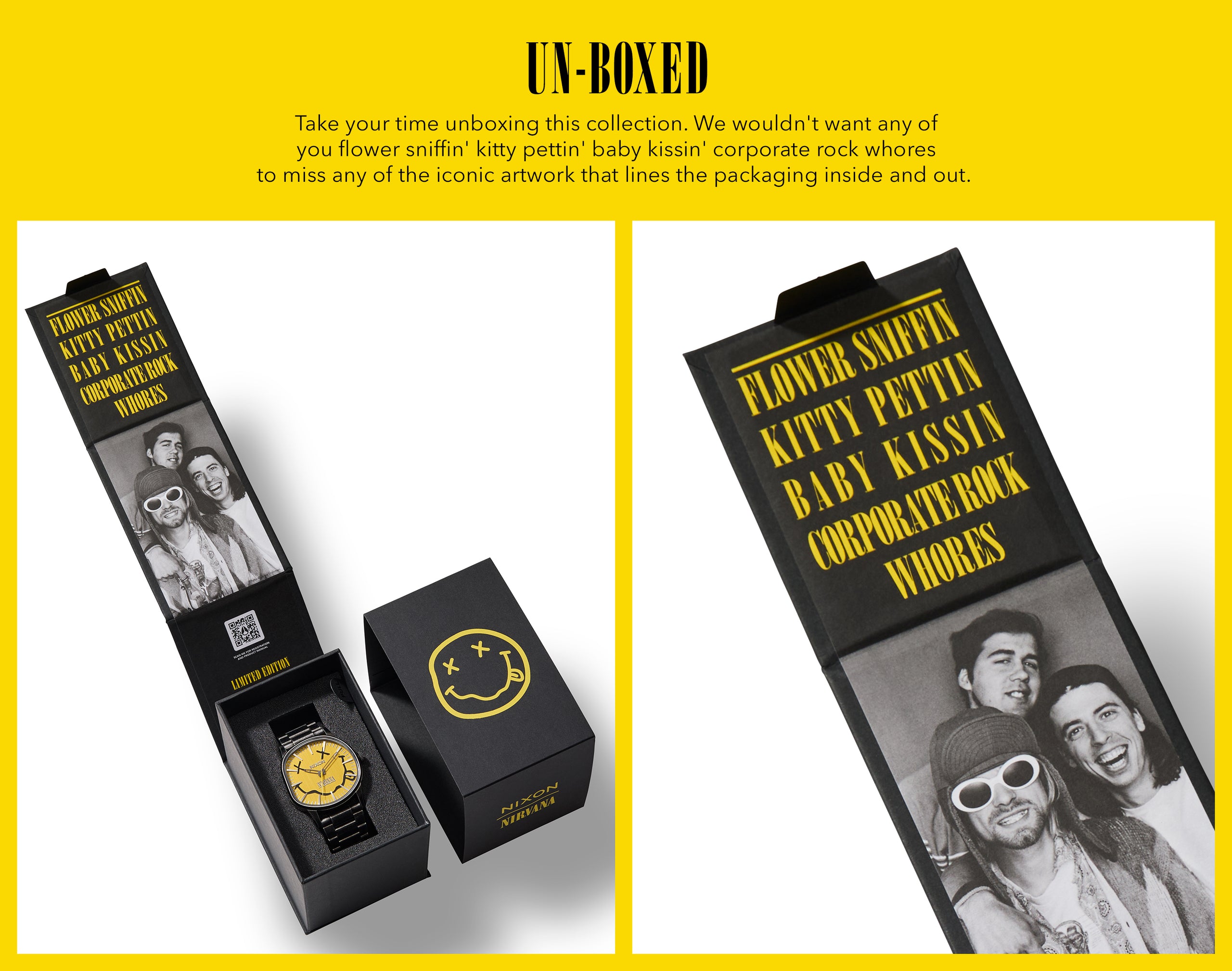 Nirvana-themed watch in an open box with band photo and "UN-BOXED" text.