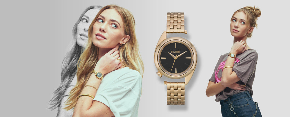 Woman wearing the Nixon Eddy watch in a variety of different outfits