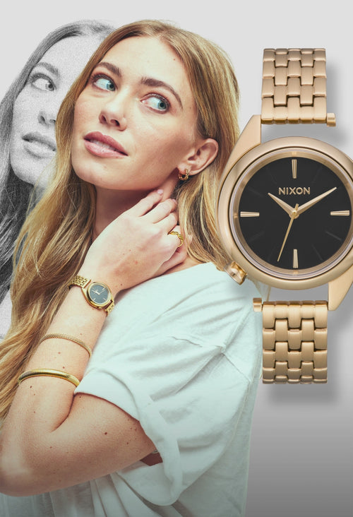 Woman wearing the Nixon Eddy watch in a variety of different outfits